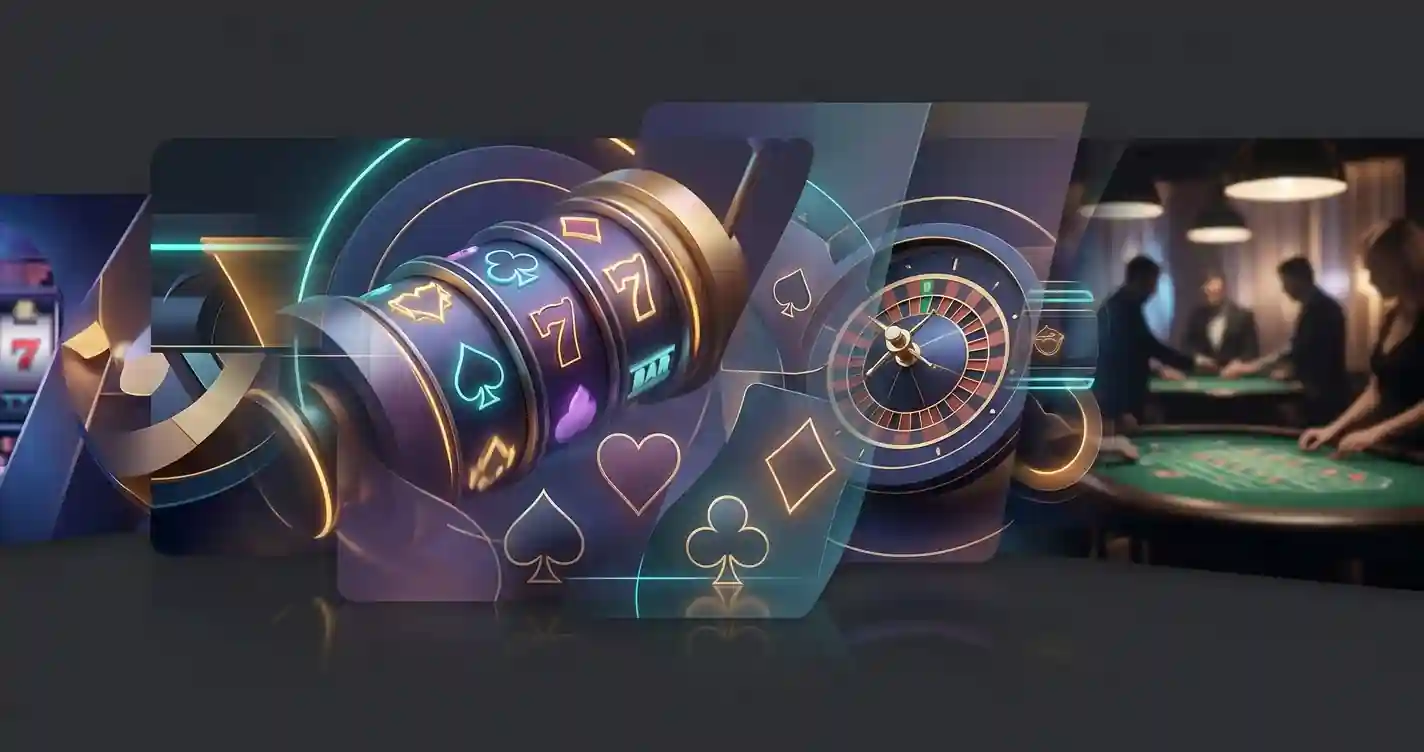 Editorial illustration of a varied casino game library with slots and live table motifs