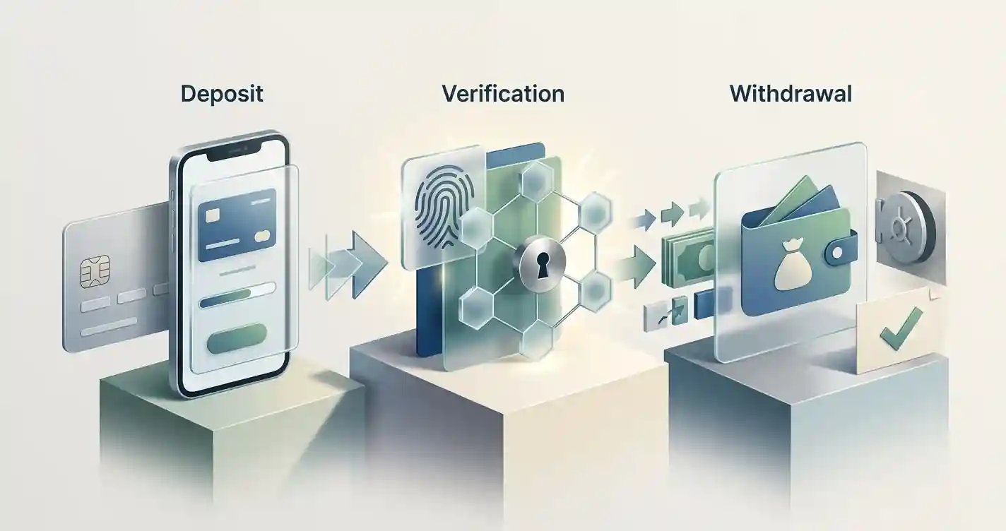 Editorial illustration of debit card, mobile wallet and casino withdrawal stages