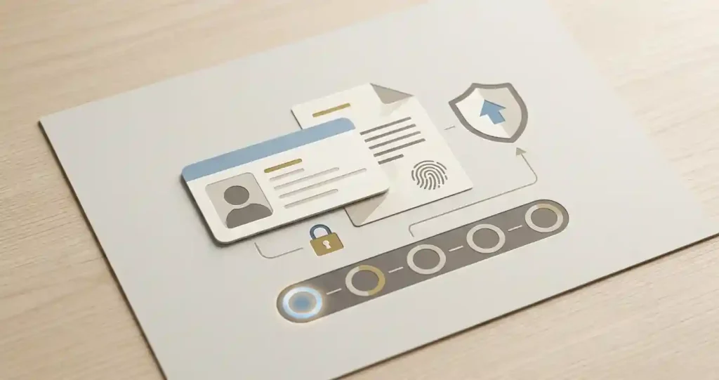 Editorial illustration of identity verification with an ID card, address document and secure upload symbols