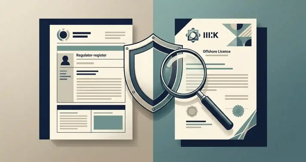 Editorial illustration comparing a regulator register, a protection shield and an offshore licence document
