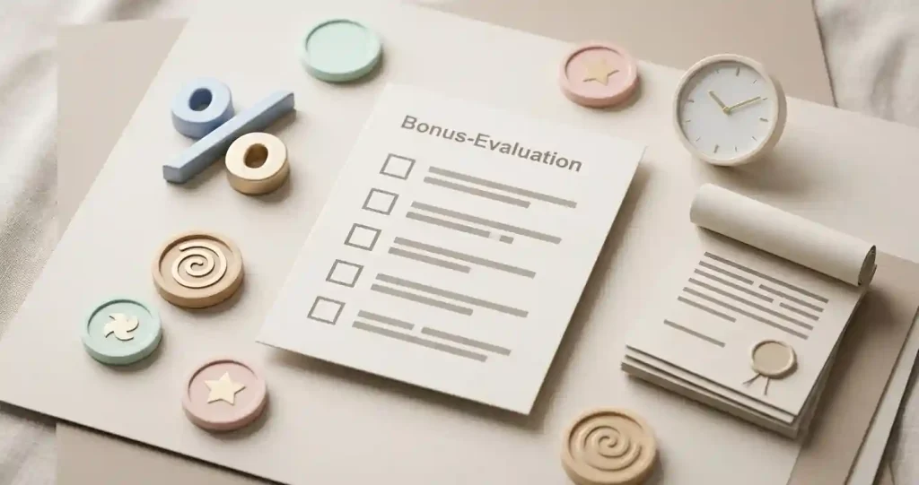 Bonus evaluation checklist with percentage, free spins and terms symbols