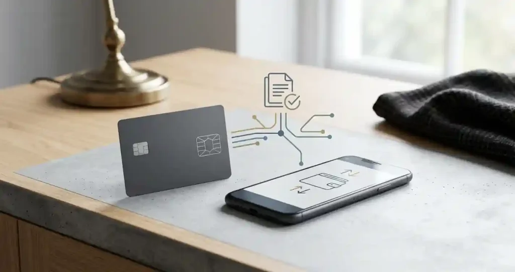 Editorial illustration of UK casino payment options with a debit card, digital wallet and bank transfer symbols