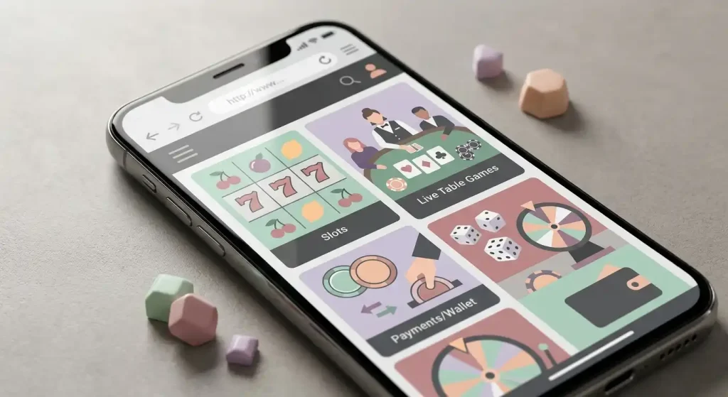 Editorial illustration of a smartphone browser showing generic casino categories and wallet symbols