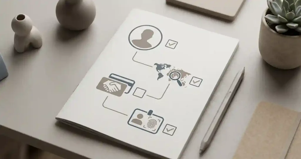 Neutral editorial illustration of an account setup checklist with profile, country, payment and verification symbols