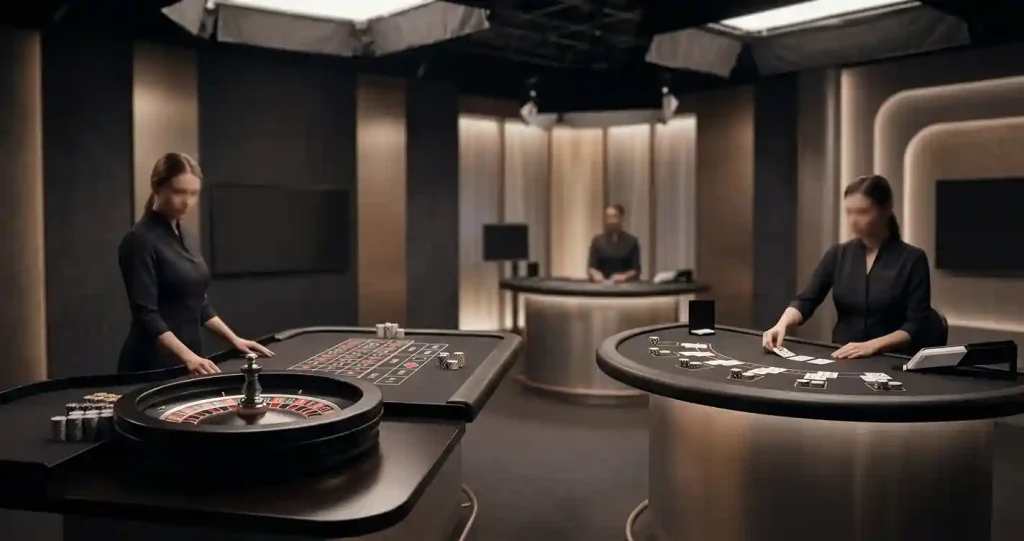 Editorial illustration of a neutral live casino studio with roulette and blackjack tables