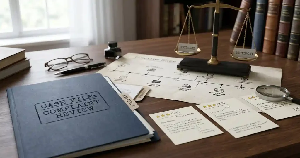 Editorial illustration of review cards, a complaint file and an evidence scale
