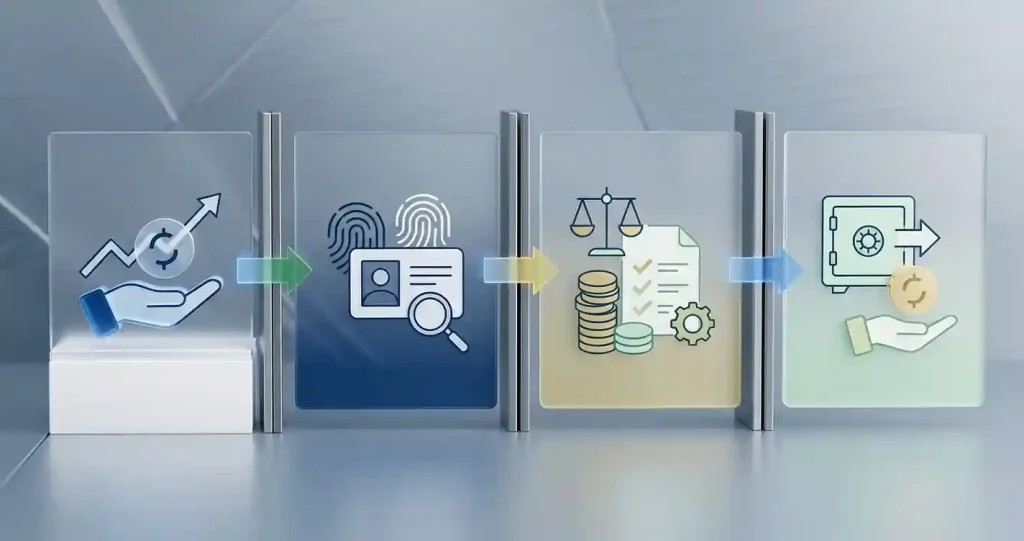 Editorial illustration showing a withdrawal request moving through verification, review and payout stages